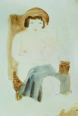 Robert Pudlich, 1905-1962, sitzender Akt, den Schoß mit Tuch bedeckend, signiert und dat. 29, Papier auf Karton, umlaufend mit Klebespuren ...