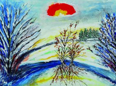 Peter Huggenberger, geb. 1933, Schüler von Prof. Kaufmann Königsberg, ansässig in Ludwigshafen, hier: Winterlandschaft, Acryl/Papier, signiert, ...