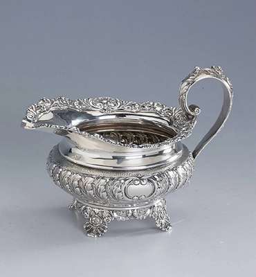 Sahnegießer, 925er Silber, London 1927, Meistermarke WMBJS=Walter, John, Michael und Stanley Barnard, gebauchte Form, gewellter Ausguss, Barockstil ...