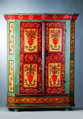 Spaltschrank, Allgäu, dat. 1818, Weichholz, polychrome Fassung, Vasen- u. Blumenmotive, teils leicht aufgefrischt, alt belassen, sehr urtümlich, ...