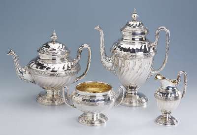 Kaffee-/Teeservice, 800er Silber, deutsch, Koch & Bergfeld, best. aus: Tee- und Kaffee- kanne, Zuckerschale und Sahnekännchen, bauchige Form, ...