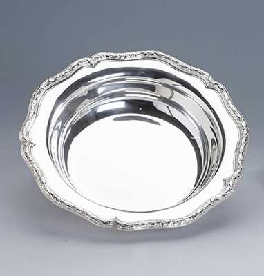 Anbietschale, 800er Silber, deutsch um 1900, Bruckmann & Söhne, Heilbronn, Vertreiber L. Holtbuer Nachf./Leipzig, Lorbeerrand, D. ca. 24 cm, ca. ...