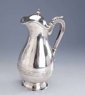 Kanne, 925er Silber, Amerika, F.A. Durgin/St. Louis, reich grav., Monogr. CG lig., gebauchte Form, umlaufende Bänderung,Deckel mit Scharnier, Griff ...