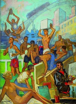G. Dumont, datiert (19)63, Künstler und Sportler, Öl/Lwd, links unten signiert, ca. 93x70cm, kleinere Farbschäden