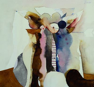 Karl Korab, geb. 1937, Stillleben, Symbolische Darstellung des Zeitrasters in Form von Eulen, Anspielung auf Mond und Sterne, Todessymbolik durch ...
