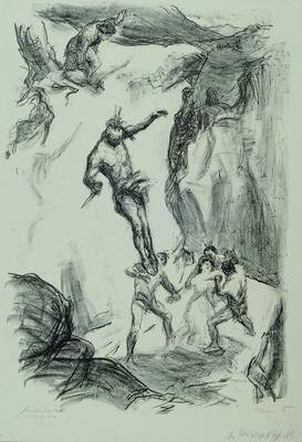 Max Slevogt, 1868 Landshut-1923 Neukastel, Unkas springt herab um Cora zu retten, Lithographie von 1908, bez. Probedruck und: 1. Abzug 18. Sept. 08, ...