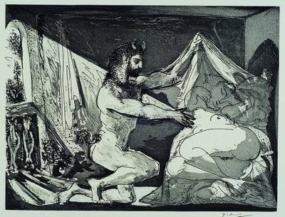 Pablo Picasso, 1881-1973, Lithographie aus der Suite Vollard, Faune devoilant une Dormeuse, VG Bild-Kunst 1990, ca. 27x36cm, unter Glas, Rahmen