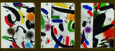 Joan Miro, 1893-1983, drei Farblithographien von Mourlot von 1977, WVZ Nr. 858, alle unter Glas, ein Rahmen, je ca. 33x25cm