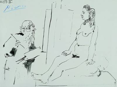 Pablo Picasso, 1881-1973, Heliogravure aus The Human Comedy, Mourlot/Verve 1954, links oben mit blauem Buntstift handsigniert, ca. 24x32cm, unter ...