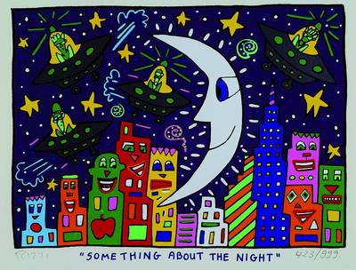 James Rizzi, 1950-2011 New York, Some thing about the night, Farbsiebdruck, handsigniert, num. 423/999, mit Zertifikat, ca. 17x23cm, unter Glas, ...