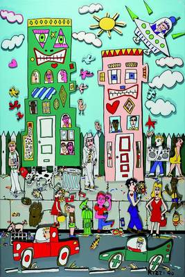 James Rizzi, 1950-2011 New York, belebtes Stadtmotiv bei Tag, Siebdruck auf Leinwand, darauf 3D-Holzfiguren magnetisch befestigt, Elemente vielseitig ...