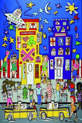 James Rizzi, 1950-2011 New York, belebtes Stadtmotiv bei Nacht, Siebdruck auf Leinwand, darauf 3D-Holzfiguren magnetisch befestigt, Elemente ...