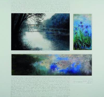 Gunther Richter, geb. 1949, Die Farbe Blau -Erinnerung an Monet, drei Pastelle, unter einem Passepartout, dieses beschriftet, handsigniert, ...