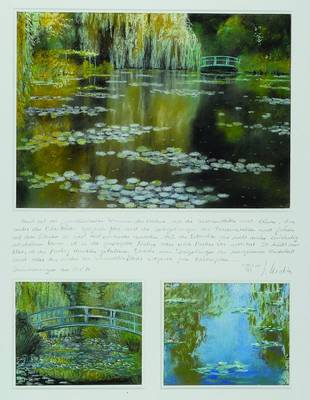 Gunther Richter, geb. 1949, Teichbilder - Erinnerung an Monet, drei Pastelle, unter einem Passepartout, dieses beschriftet, handsigniert, Gesamtmass ...