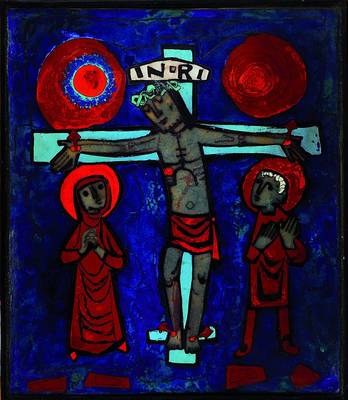 Unbekannter Maler, um 1950-60, Maria und Johannes unter dem Kreuz Jesu, Email auf Kupfer, partiell transluzid, teils in Cloisonné-Technik, leicht ...