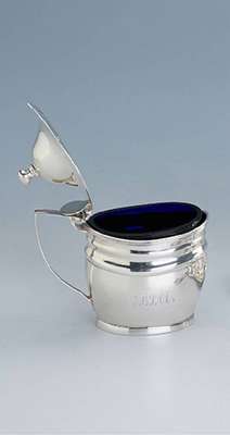 Senftöpfchen, England London 1804, 925er Silber, Bes.-Monogr., Deckel mit Scharnier, blauer Glaseinsatz, H ca. 8 cm, min. verbeult
