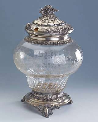Bowlegefäß, 800er Silber, deutsch um 1880, Bruckmann & Söhne, reiner Historizismus, partiell nachgestochen, in sich goudroniert, Glaskörper in ...
