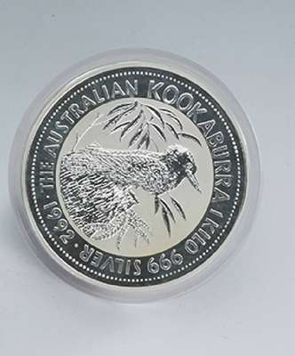 Große Silbermünze, 30 Dollars, Australien, 1992, 1.000 g, Elizabeth II., RV: The australian Kookaburra, 1 Kilo, 999 Silver, in Münzkapsel