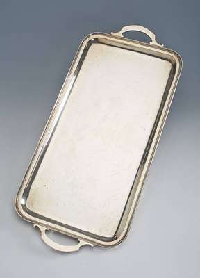 Silbertablett, CARTIER, Amerika, 2035 g, Sterlingsilber, glatte, zeitlose, Form, Rand 3-fach getreppt, 2 Tragegriffe, ca. 58 x 25 cm