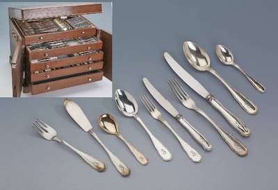 Besteck für 12 Personen, im Kasten, deutsch, 800er Silber, Bruckmann, Heilbronn, 1924, Modell 5701 Sächsisches Hofmuster, Bes.-Monogr. S., best. ...