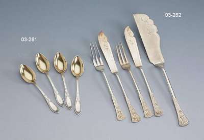Fischbesteck, Spanien um 1920/30, 800er Silber, im strengen Jugendstil, best. aus: 6 Fischgabeln und 6 Fischmesser, sowie ein Vorlegemesser, floral ...