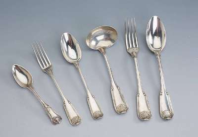 51-teiliges Besteck, Wolfers Freres, Belgien, Brüssel, 1930er Jahre, 800er Silber, Augsburger Muscheldekor, best. aus: 13 Menuegabeln, 10 ...
