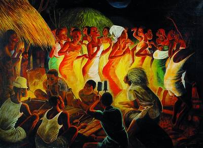 Unbekannter Künstler, Mitte des 20. Jh., Afrikanisches Fest, farbenfrohe Darstellung, Öl/Lwd, unsigniert, ca. 61x84cm