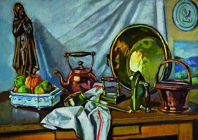 G. Dumont, belgischer Maler, Stillleben mit Madonna, Obst und Kupfergeschirr, Öl/grobe Lwd, links unten sign., ca. 65x92cm, Rahmen