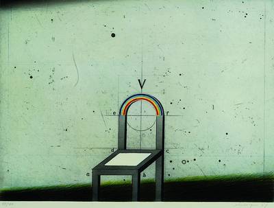 Friedrich Mecksepen, geb. 1936, Farbradierung, "Der Stuhl", num. 97/100, handsigniert und dat. 69, 43.5 x 59 cm, unter Glas, Rahmen