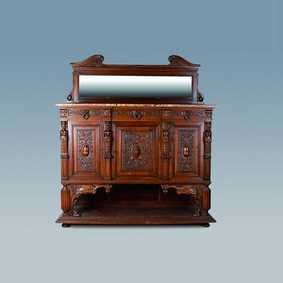 Aufsatzmöbel, Frankreich, um 1880/90, im Renaissance-Stil, Korpus Eiche massiv, Nussbaumfurnier, Akanthusblattverzierungen, Front auf Rahmen ...