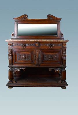 Aufsatzmöbel, Frankreich, um 1880/90, Renaissance-Stil, Korpus Eiche massiv, Nussbaumfurnier, Akanthusblattverzierungen, Front auf Rahmen ...