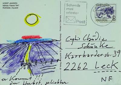 Horst Janssen, 1929-1995, handgeschriebene Postkarte mit original Holzfarbstift- Zeichnung, 1988, an Claudia "Cephir" Schunke, Provenienz: ...