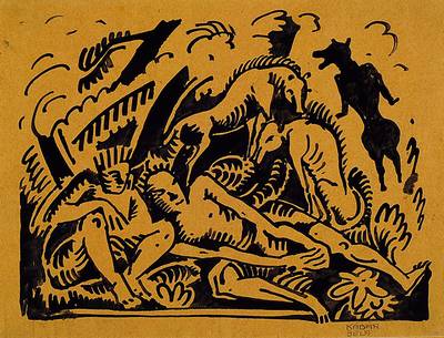 Bela Kadar, 1877-1956, Tuschpinselzeichnung auf bräunlichem Papier, handsigniert, PP, Motiv ca. 17,5x23 cm, gesamt ca. 27x40 cm