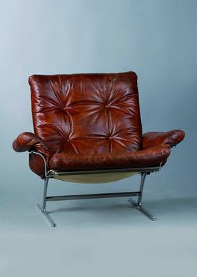 Designersessel, Anfang 60er Jahre, Gestell Edelstahl, Konstruktion verschraubt, mit Leder bezogene Schaumgummipolsterung (erneuert), orig. Leder ...