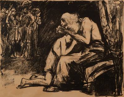 Lesser Ury, Birnbaum 1861-1931 Berlin, Jakob segnet Benjamin, Lithographie, gebräunt, um 1920, re. u. signiert, Alters- spuren, unter Glas, Rahmen, ...
