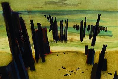Otto Wilhelm Eglau, 1917-1988, 2 Aquarelle auf einem Karton, Buhnen am Sylter Strand, signiert und dat. 54, andere Seite fröhliches Strandleben mit ...
