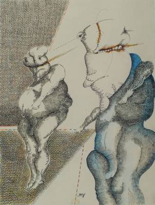 César Manrique, 1919 Lanzarote -1992, Wollust, Federzeichnung, koloriert, mittig signiert u. datiert (19)78, kleine Klebestelle eigenwillige ...