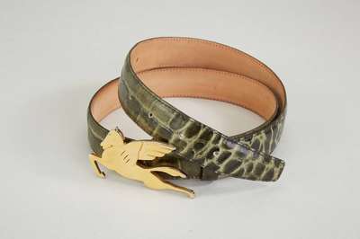 ETRO-Gürtel, grünes Leder in Kroko-Optik, Etro-Schließe: Pegasus vergoldet, Gr. 85, B. ca. 3 cm