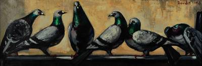 Paul Boudot, 1915-1982 Paris, Pigeons de Paris, so rückseitig betitelt, Öl/Lwd, links oben signiert und datiert 1959, ca. 42x124cm, Rahmen