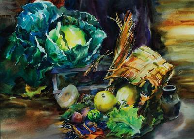 Blener, unbekannter zeitgenössischer Künstler, Stillleben mit Gemüse und Korb, Aquarell auf Papier, rechts unten signiert und datiert 95, ca. ...