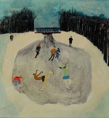 Unbekannter naiver Künstler aus der Zeit um 1970, Eiskunstläufer, Öl/Hartfaser, unsigniert, ca. 52x47cm, Rahmen