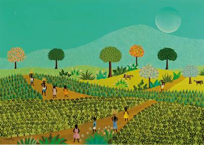 Mario Campello, 1941 - 2000, naiver Künstler aus Sao Paulo/Brasilien, Ernteszene mit mythologischer Bedeutung, der Mond, der hinter den Bergen ...