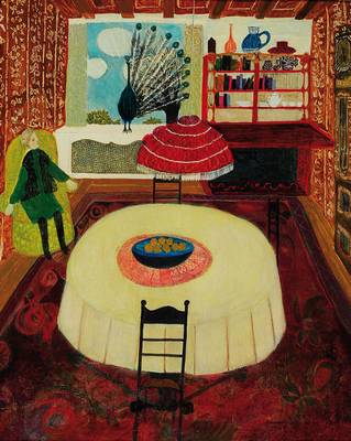Naiver Künstler um 1970, Großmutter im Sessel im Wohnzimmer, auf dem Fensterbrett ein Pfau, Öl/Platte, unsigniert, ca. 43x35.5cm, Rahmen