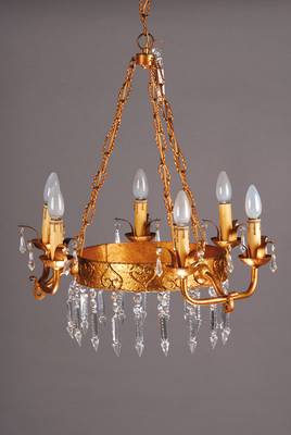 Deckenlampe, deutsch, 30er Jahre, Eisen patiniert, sechs Brennstellen, Glasgehänge, H. 60 cm, D. 60 cm, Elektr. nicht geprüft