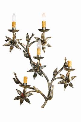 Wandlampe, deutsch, 30er Jahre, geschmiedet,Eisen, patiniert, in floraler Form, fünf Brennstellen, ca. 80 x 60 cm, Elektr. nicht geprüft