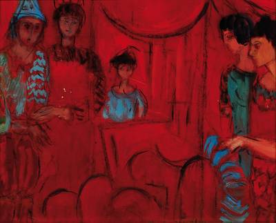 Elisabeth Mack-Usselmann, 1927 Karlsruhe, Karneval, Mischtechnik auf Karton, u.re. signiert, kleinere Farbfehlstellen, ca. 38 x 49 cm