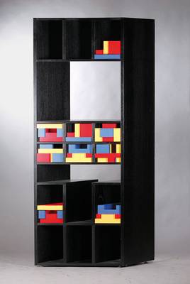 Regal, Corner, Rosenthal, Entwurf Marcello Morandini, 1988, Holz schwarz lackiert, mit bunten Schubladen-Satz, Regal Typ D, an der Schublade signiert ...
