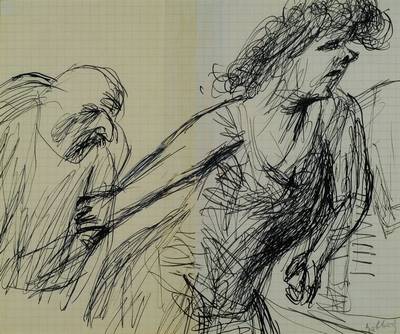 Karl Hubbuch, 1891-1979, "Auf dem Boulevard", Tuschfederzeichnung, wohl um 1930, mit Bleistift handsigniert, Blattgr. ca. 21x25.7 cm, unter ...