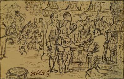 Karl Hubbuch, 1891-1979, Tuschefederzeichnung, aus der Hamlet Serie, wohl 1919, Stempel-Signatur, Blattgr. ca. 8.9x13.8 cm, unter Glas gerahmt