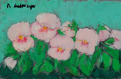 Helga Mehringer, zeitgenössische Künstlerin, lebt und arbeitet in Landau/Pfalz, hier: Blumenstillleben, Gouache auf Karton, signiert ca. 20.5x21.5 ...